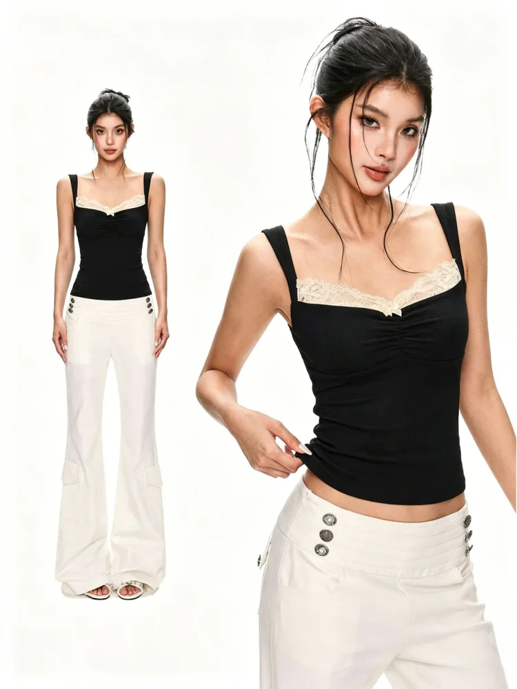 Women's Slim Fit Cotton Lace  Knot Tank Top Summer Essential Underwear Outerwear Base Layer Shirt plus Size