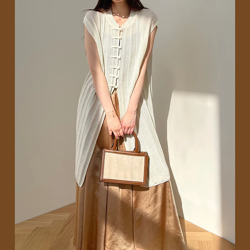 25 New Arrival Summer Casual Loose Sleeveless O-neck Hollow Out Long Sweater Single Breasted Good Quality Knitted Cardigan T246