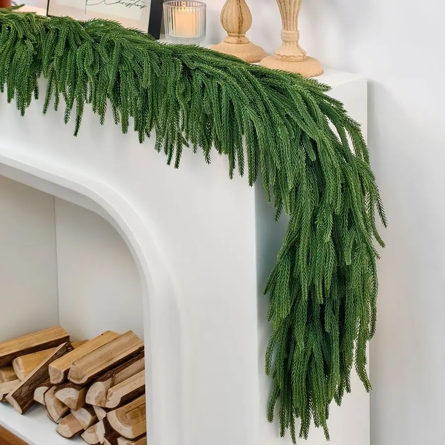 

Christmas Garland with Lights, Norfolk Pine Garland, Realistic Green Garlands for Mantle, Stair Railing, Battery Operated Indoor