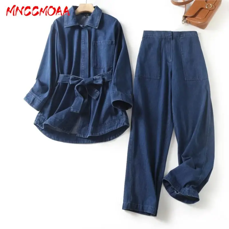 

MNCCMOAA 2024 Women Fashion Loose Long Sleeve With Belt Denim Shirt Jackets Coat + Casual Elastic Waist Jeans Pants Set Female