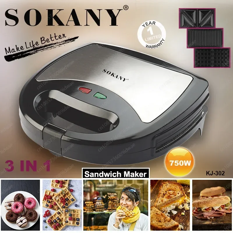 SOKANY302 3-in-1 Household Board Changer Sandwich Maker Toaster Stainless Steel Multifunctional Breakfast Maker