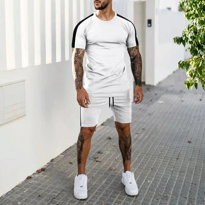 

2024 Summer Tracksuit Mens Shorts Suit Patchwork Daily Casual Sets Fitness Jogger Pants Short Sleeves Suit Street Fashion Outfit