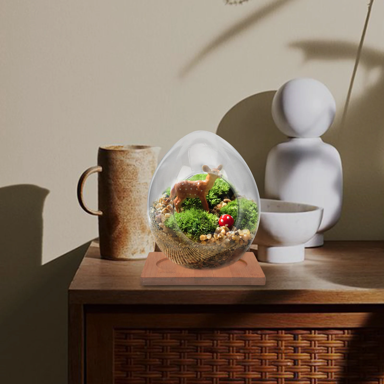 

Egg-shaped Eco-bottle Glass Vase Hydroponic Terrarium Indoor Decor Wood Base Micro Landscape Bottle Plants Container Office