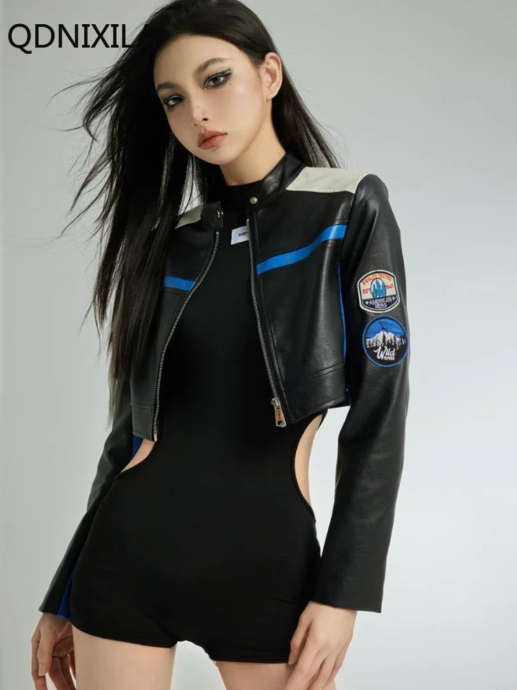 Women's Colored PU Leather Jacket, Short Motorcycle Jackets, Cool, Fried Street, Spicy Girls, Baseball Jersey, PU Leather Coat