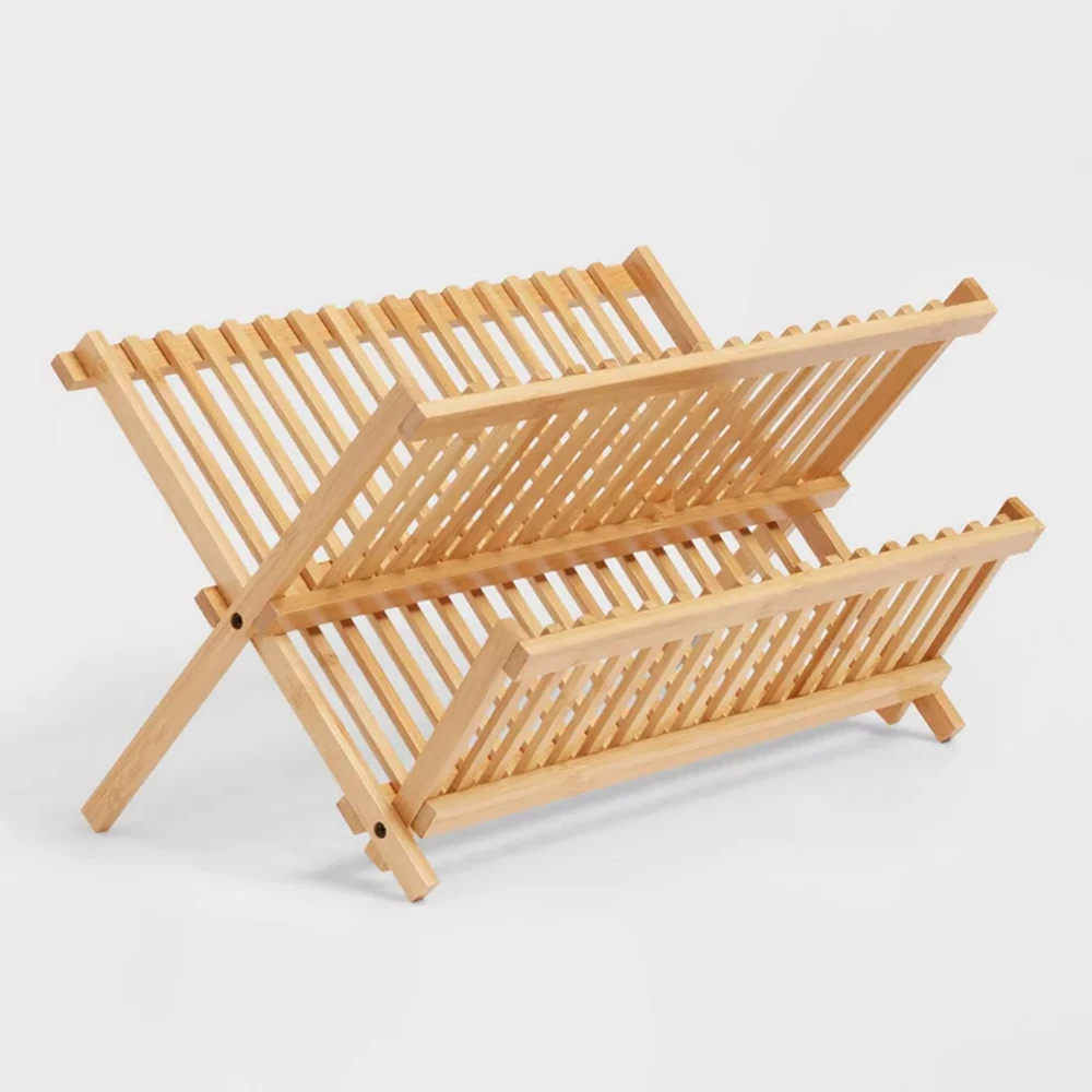 

Collapsible Bamboo Dish Rack for Kitchen Counter,2-Tier Wooden Foldable Dish Drying Rack,Wood Folding Plate Cups Drying Rack
