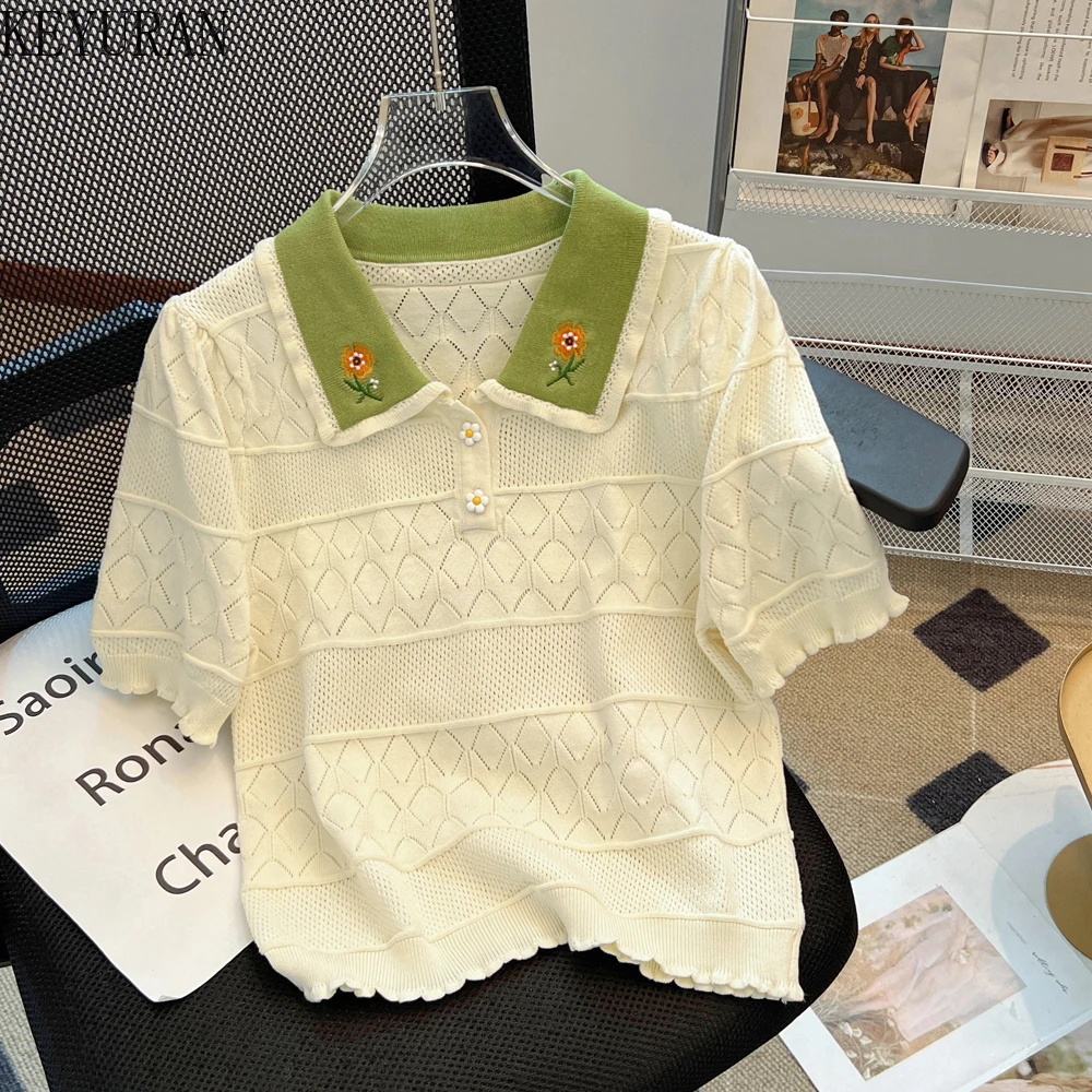 Summer French Sweet Hollow Out Embroidery Sweater Women Pullovers Vintage Korean Style Casual Loose Knitting Tops Female Jumpers