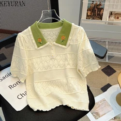 Summer French Sweet Hollow Out Embroidery Sweater Women Pullovers Vintage Korean Style Casual Loose Knitting Tops Female Jumpers