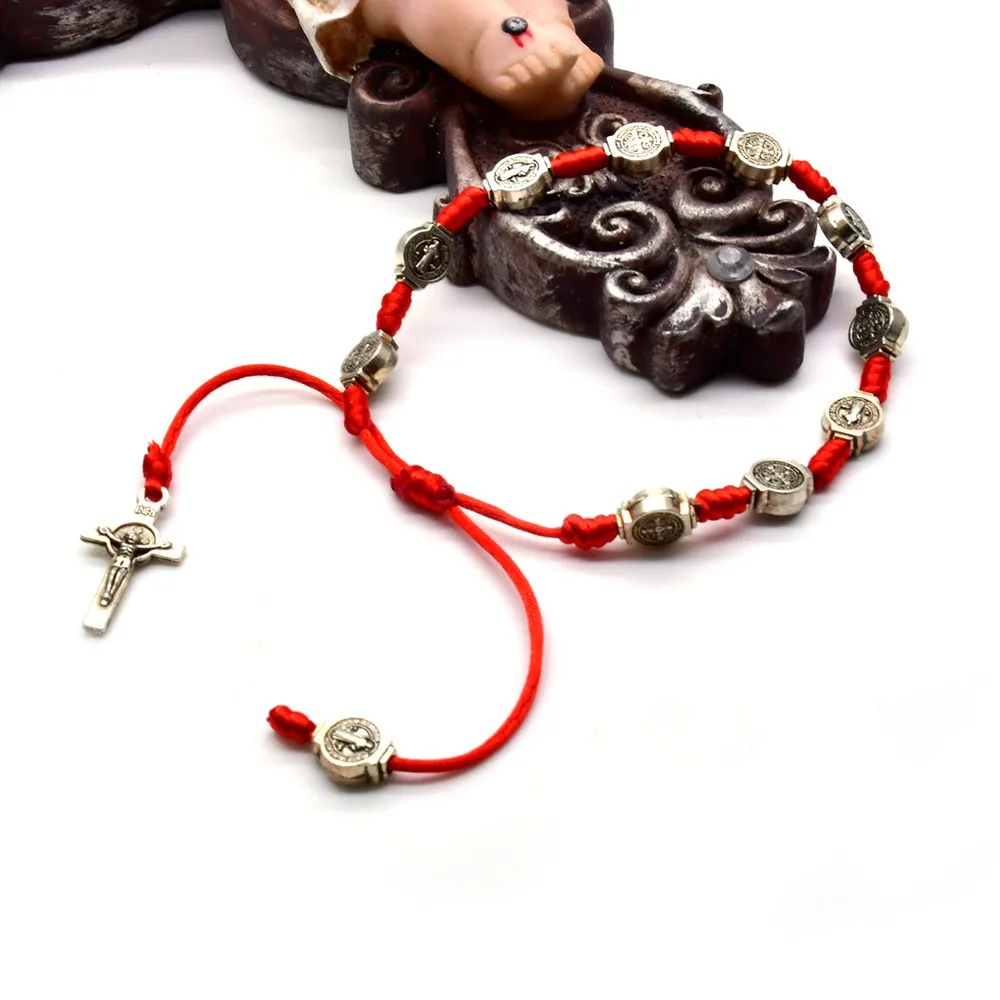 QIGO Red Rope Saint Benedict Bracelets Metal Miraculous Cross Rosary Religious Jewelry