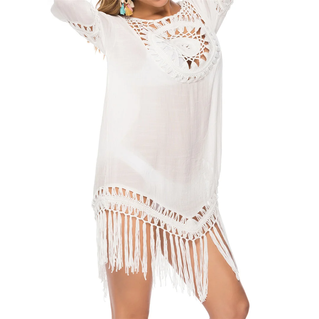 Neue Fransen-Quasten-Häkeltunika mit Aushöhlungen, Strand-Cover-up, Strandkleid, Strandbekleidung, Damenmode V2657 – Detail 23
