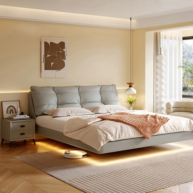 Double master bed modern simple first layer cowhide cream soft