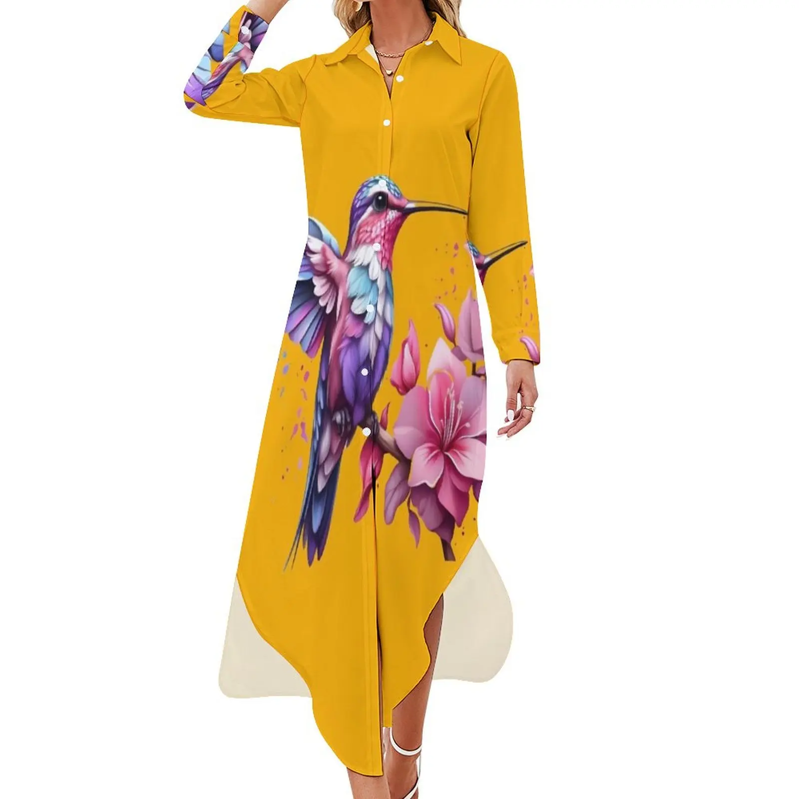 

Colorful bird with flower. Long Sleeved Shirt Dress beach dress Dress for pregnant women cocktail dresses