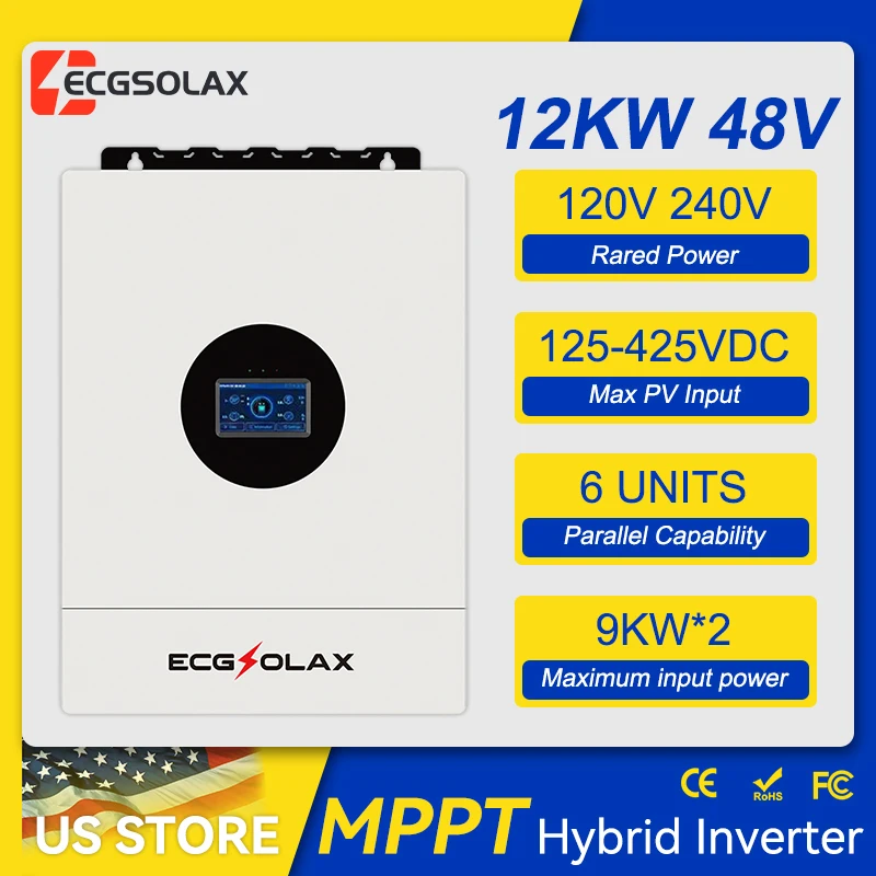 

ECGSOLAX 12KW Hybrid Solar Inverter 48V 110V/240V Split Phase Hybrid Inverter With MPPT 200A Charging controller Built-in WIFI