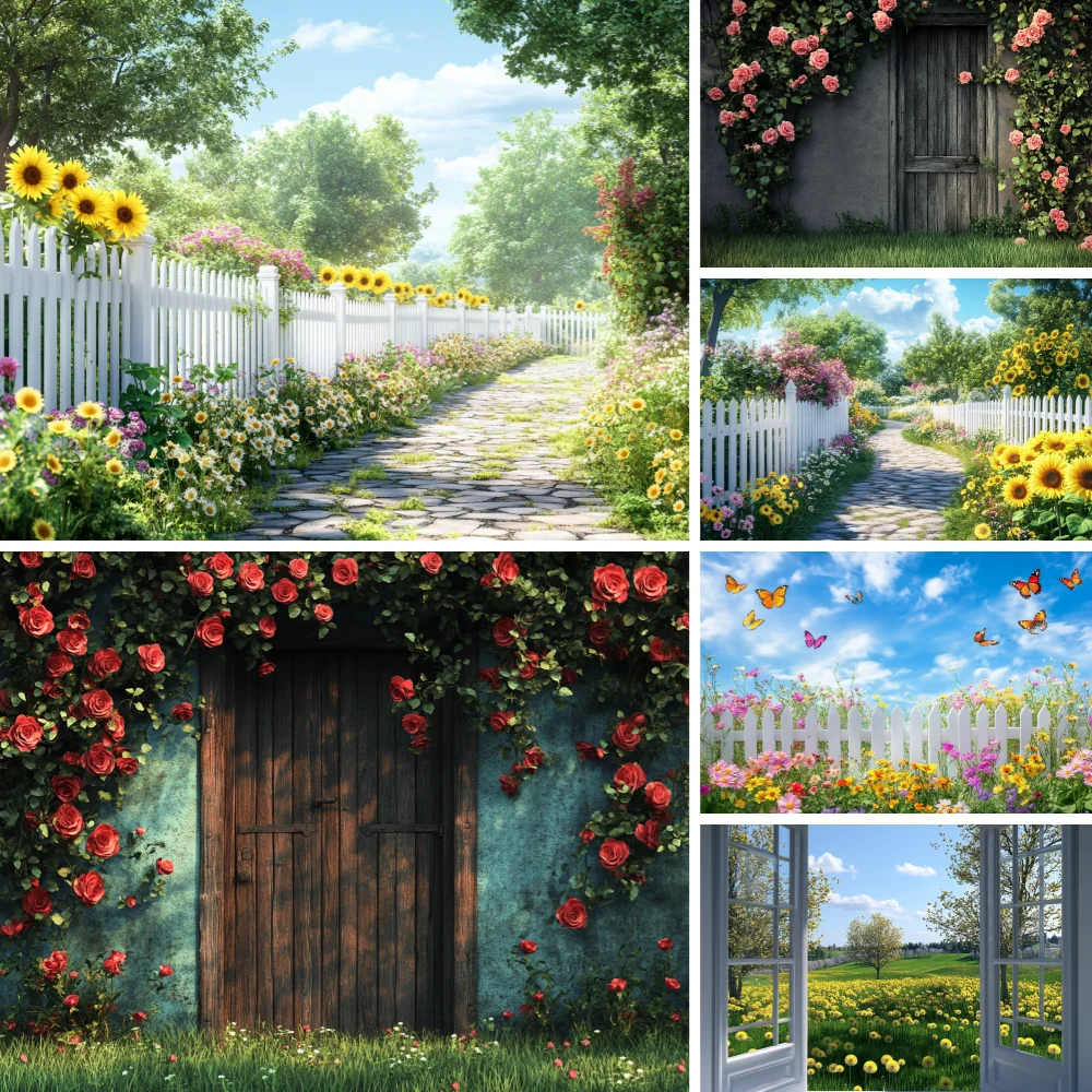 Spring Photography Background Fairy Tale Garden Flowers Blue Sky Sunflower White Clouds Fence Princess Birthday Party Decoration