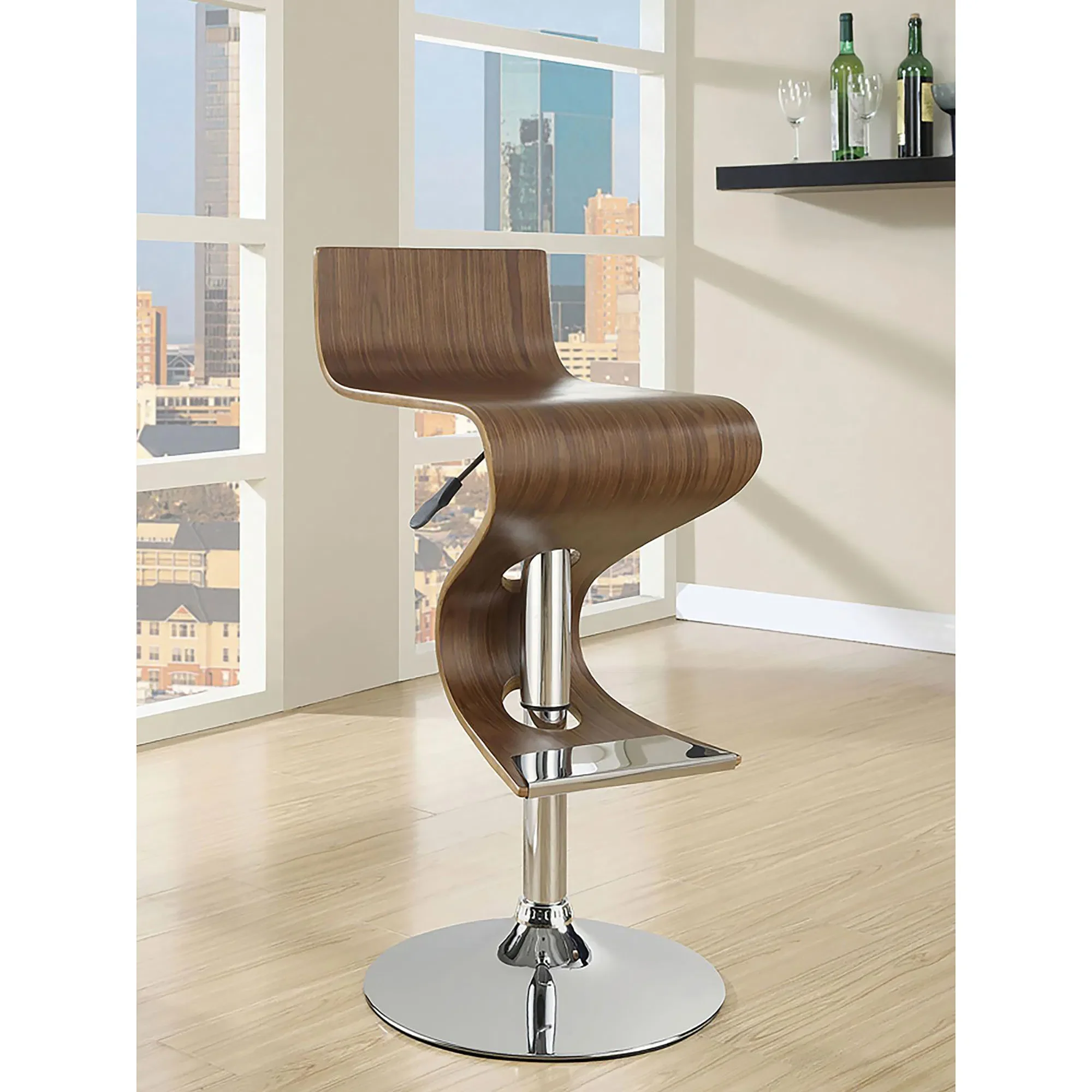 Walnut and Chrome S-Shaped Barstools Kitchen Counter Creative Design Adjustable Bar Stool