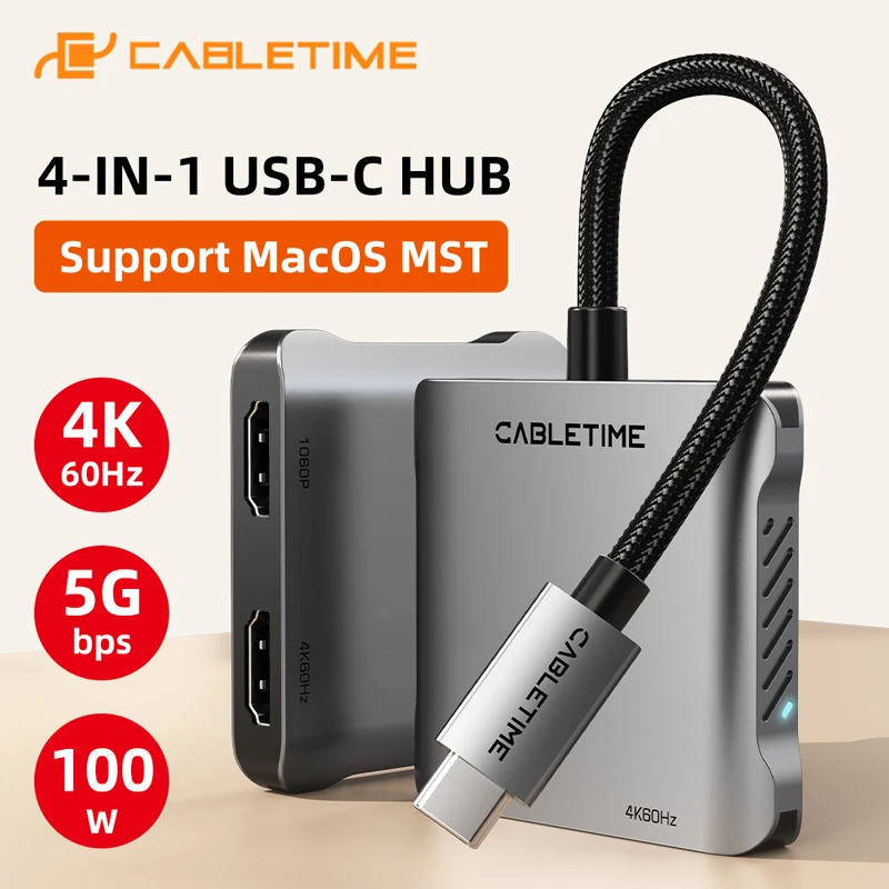 

CABLETIME 4 IN 1 USB C Hub Support MacOS MST with 4K60Hz 5gbps 100W Dual Screens Display for Mac Computer Display Screen