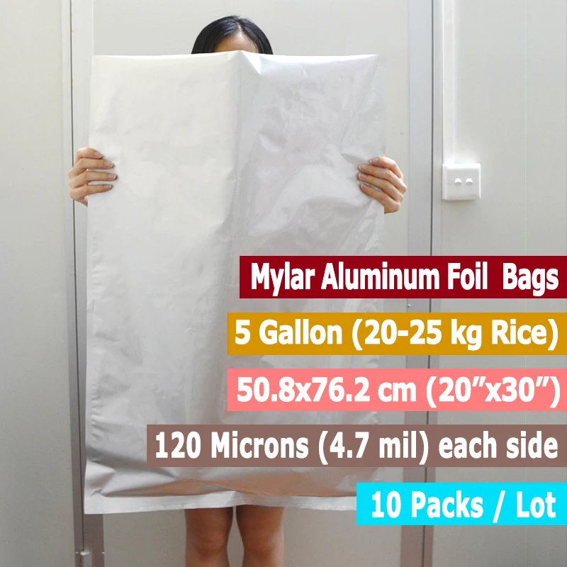 10 opakowań 5-galonowych torebek Mylar Zamykane torby z folii aluminiowej do długotrwałego przechowywania żywności Klasy spożywczej i światłoodporne (20''x30'')