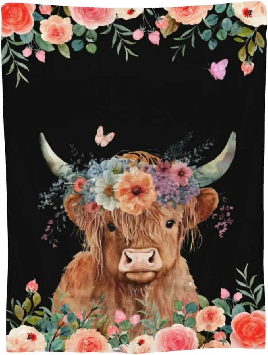 Black Base Flower Crown Highland Cow Pink Rose Butterfly Full Print Fluffy Throw Blanket, Warm Soft Couch Country Farm Home Gift