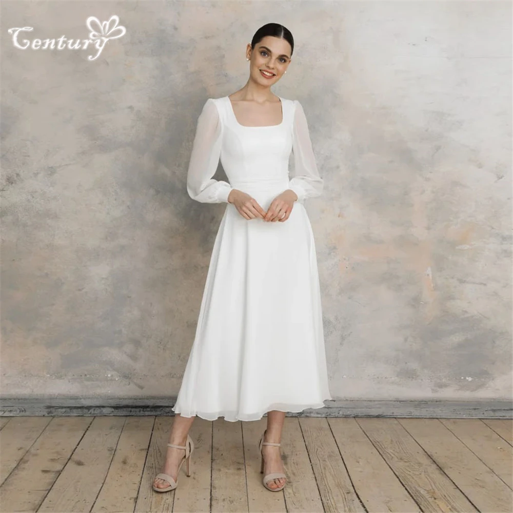 Abito da sposa semplice Colletto quadrato corto Manica lunga Lunghezza tè Cerniera Una linea Abiti da sposa semplici ed eleganti in chiffon personalizzati