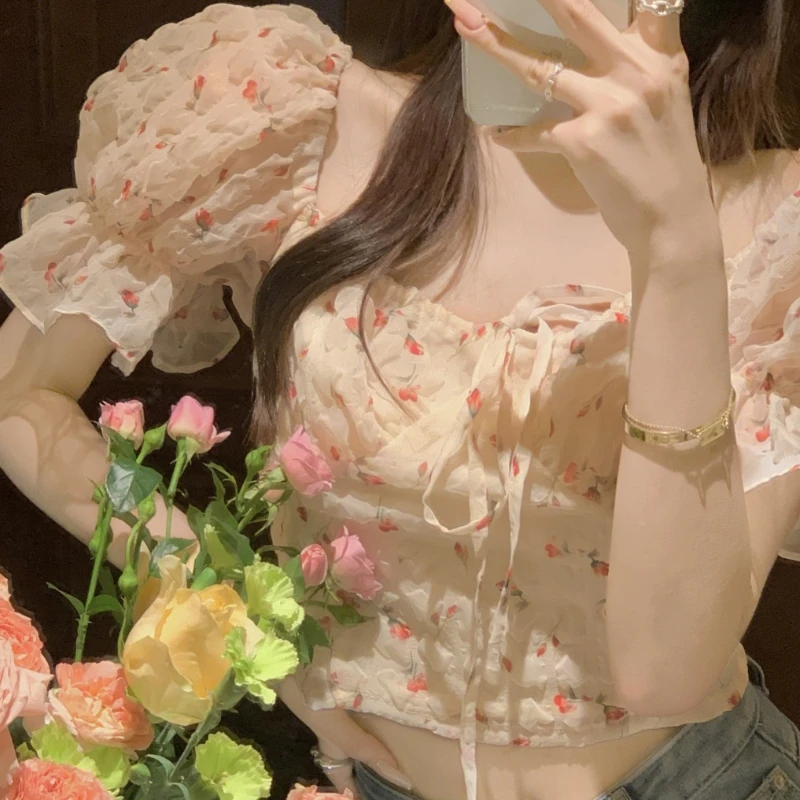 Puff Sleeve Blouses Women Hotsweet Floral Young Beach Style Casual Y2k Tops Fashion Summer Ulzzang Daily Ins All-match Simple