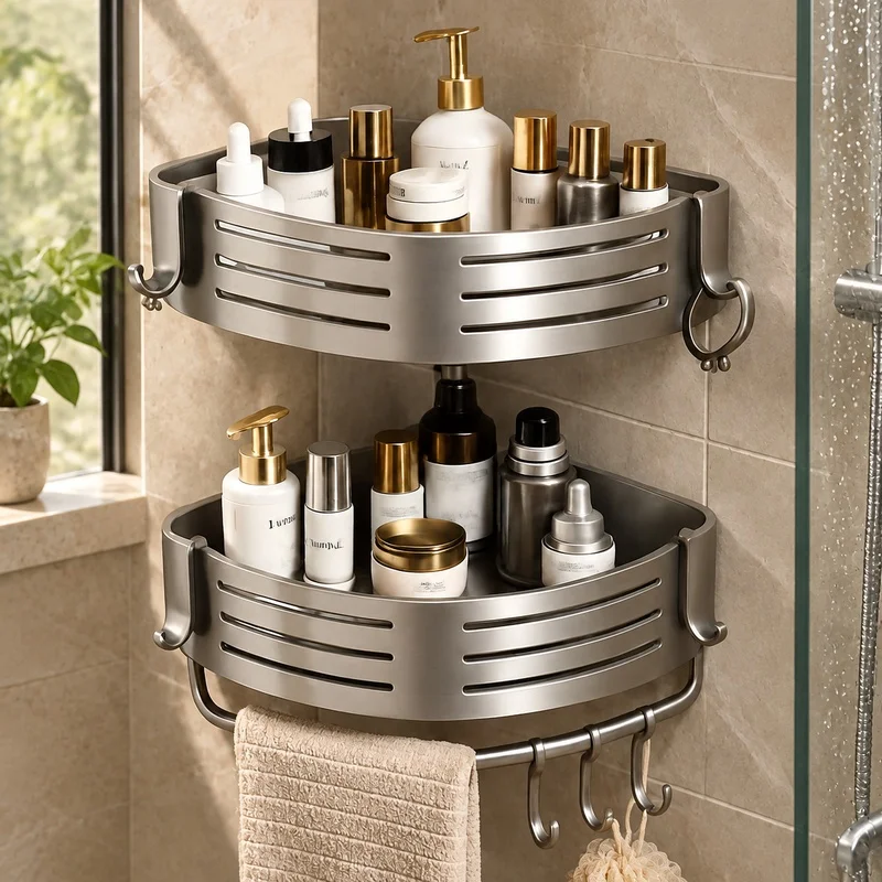 Drill-Free Aluminum Corner Shelf with Towel Bar and Plastic Hooks, 1-3 Units Bathroom Organizer
