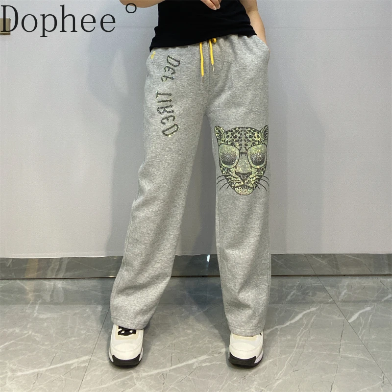 

Grey Long Trousers Women Autumn Winter Thicken Velvet Elastic High Waist Straight Pants Mighty Leopard Diamonds Sport Sweatpants