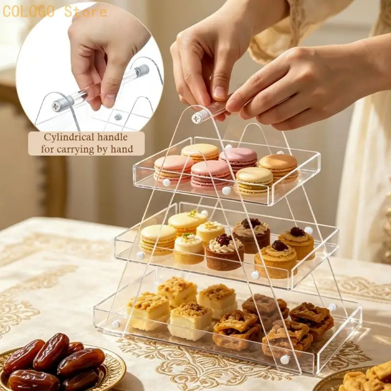 Clear and Cake Display Stand with Tiered Trays, Top Handle, and Screw-Fastened Assembly for Party Tables D0LD
