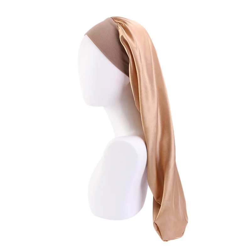 Neue Lange Satin Motorhaube Schlaf Kappe Frauen Seidige Schlaf Kappe Mit Breiten Gummiband Haarpflege Turban Zöpfe Lockiges Haar Natürliche Haar – Detail 6