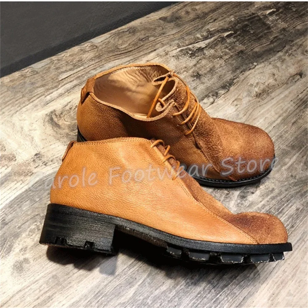 Handmade Big Head Chunky Bottom Genuine Leather Loafers British Style Male Lace-Up High Top Boots Outside Casual Footwear Shoes