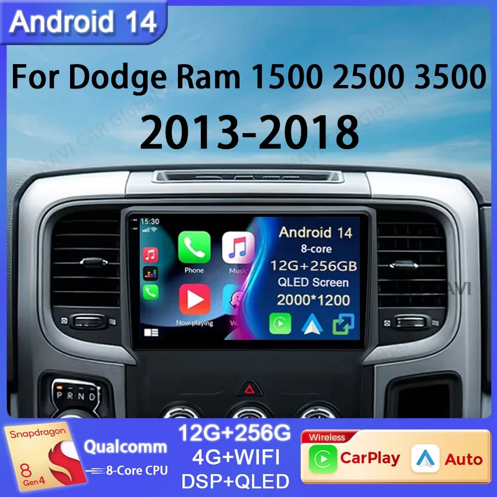 

Android 14 For Dodge Ram 4 IV DJ DS 2013 - 2019 Car Radio Navigation GPS Multimedia Video Player 5G Wifi Stereo DSP Auto No 2din