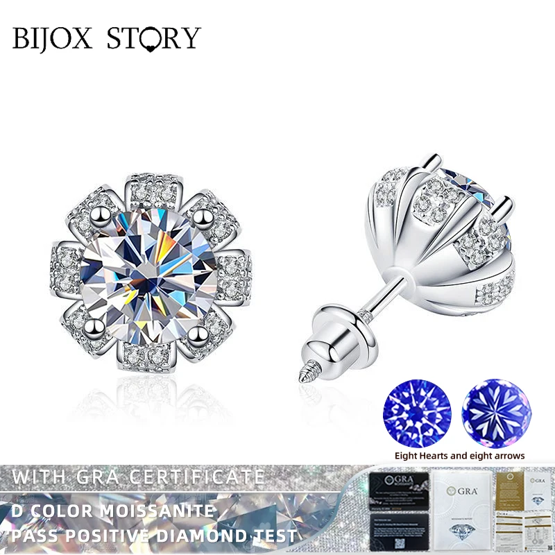 BIJOX STORY Trendy Moissanite Earrings with 925 Sterling Silver for Girl Cute Flower Shape Jewelry for Birthday Anniversary Gift