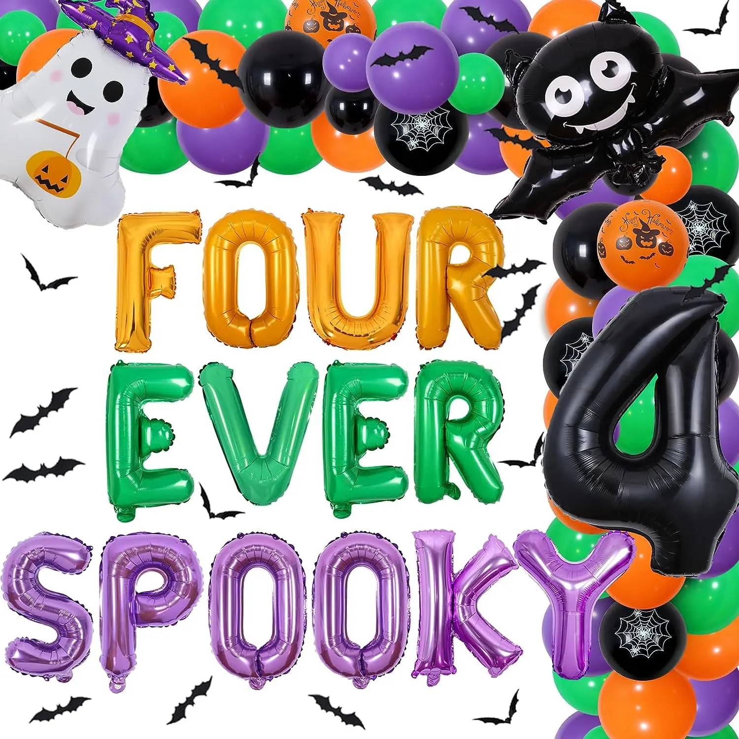 

Four Ever Spooky Halloween 4th Birthday Party Decorations Black Green Purple Orange Ghost Balloon Arch for 4 Years Old Boy Girl