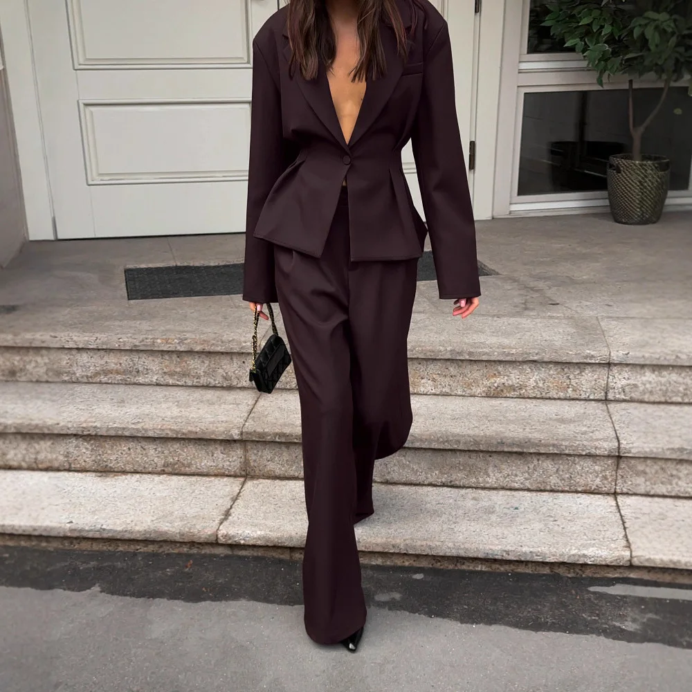 Autunno Inverno Design di nicchia Europeo Americano Profondo scollo a V Manica scollata Vita-Accurante Blazer Pantaloni lunghi Abito da donna in due pezzi