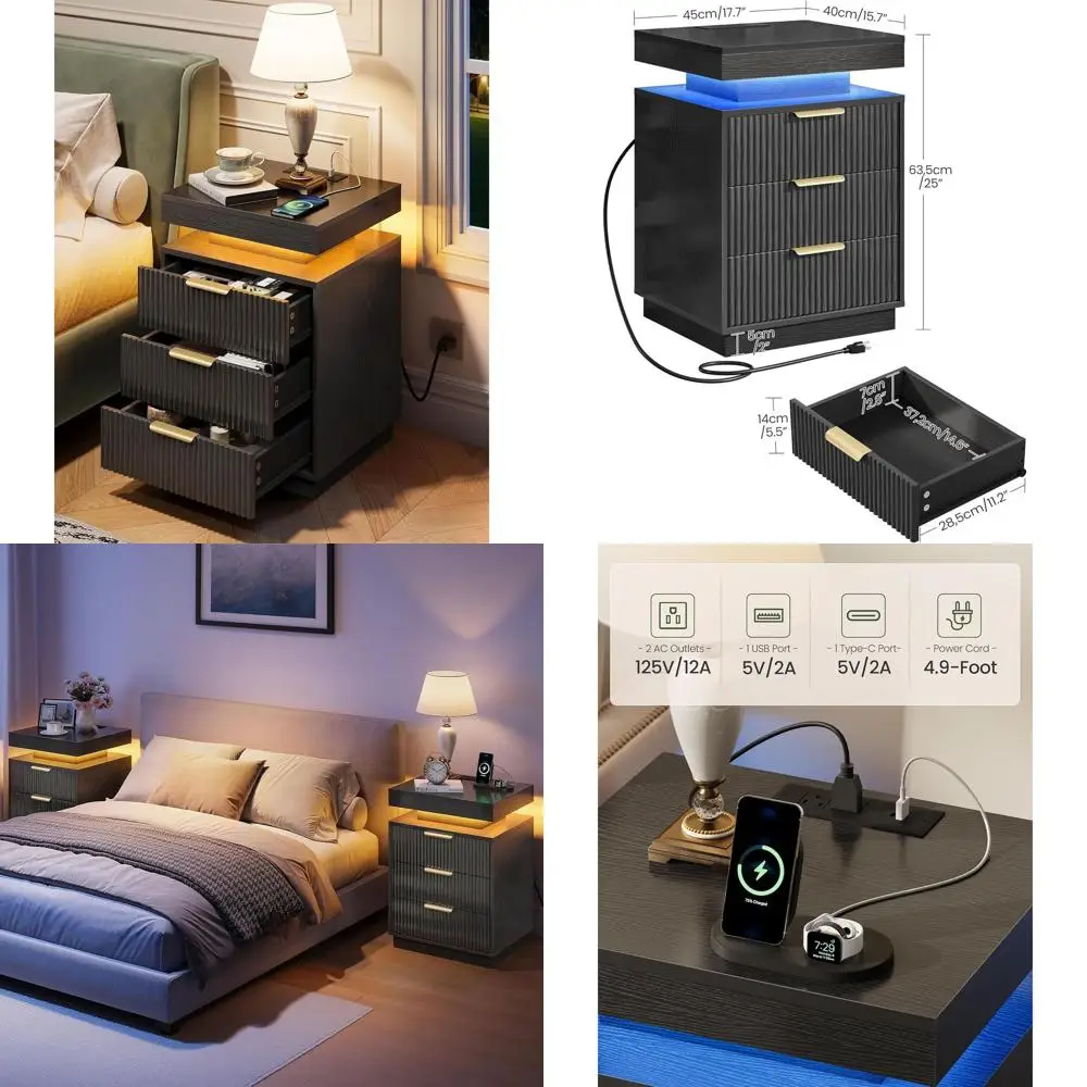 

Black Nightstand with Charging Station, LED Modern Bedside Table with 3 Fluted Drawers and Floating Top, Side Table with 2 AC Ou