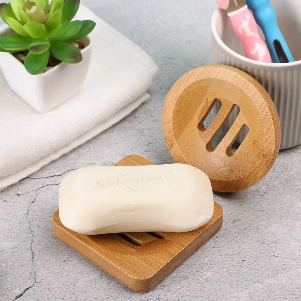 Bamboo Wooden Soap Tray Bathroom Drainer Dishes Wash Shower Soap Holder Durable Square Round Bamboo Box Drain Storage Box