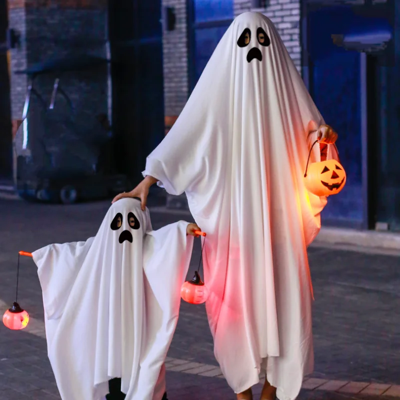 Halloween Cute Ghost Hooded Cape for Boy Girl and Adult White Ghost Cloak Fancy Dress Cosplay Spooky Themed Party Prop Costumes