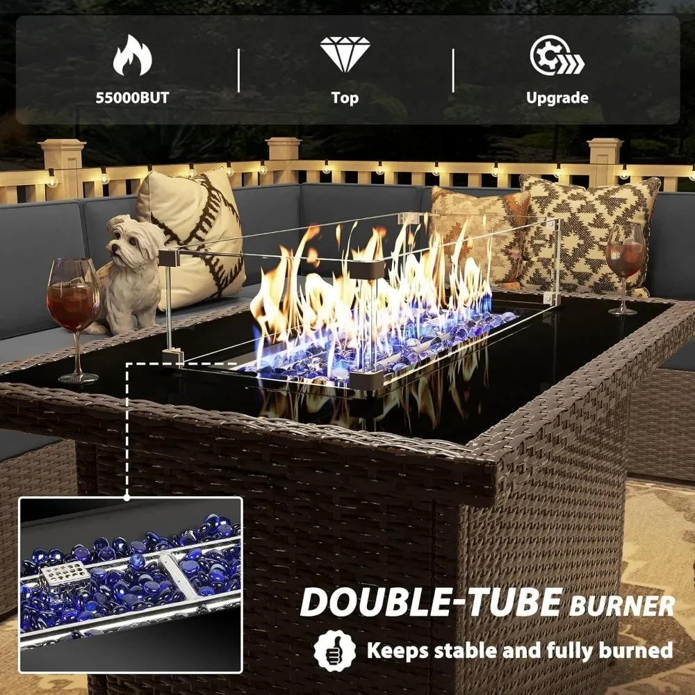 8 Pieces Patio Furniture Set with 44" Propane Gas Fire Pit Table, Brown Rattan Wicker Conversation Sofa Sets with Coffee Table