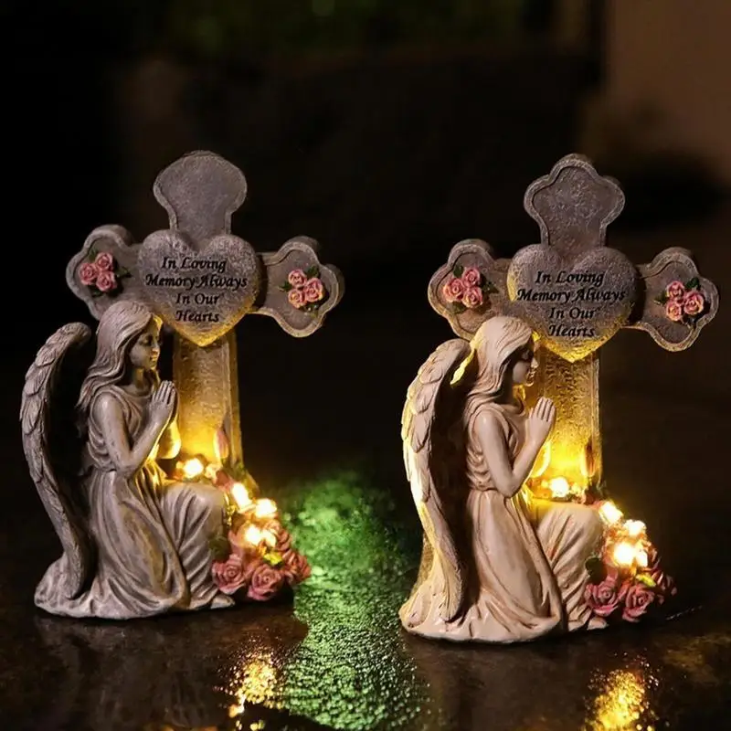 Angel Figurines for Outdoor Garden Angel Statue with Solar Light Sympathy Memorial Grave Decorations for Yard Patio Lawn