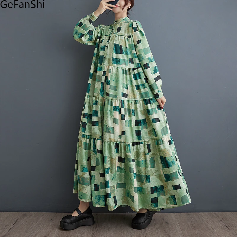 

Spring Autumn Long Sleeve Vintage Print Dresses Women Fashion Loose Casual All-match Long Dress Robe Elegant Clothing