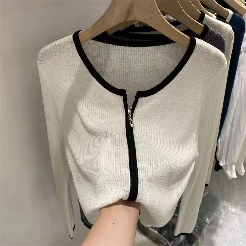 Knitting Cardigan Female Autumn Temperament Top Tee 2024 New Bottoming Shirt Fashion Zipper O-neck Long Sleeve Sweater Top Tee