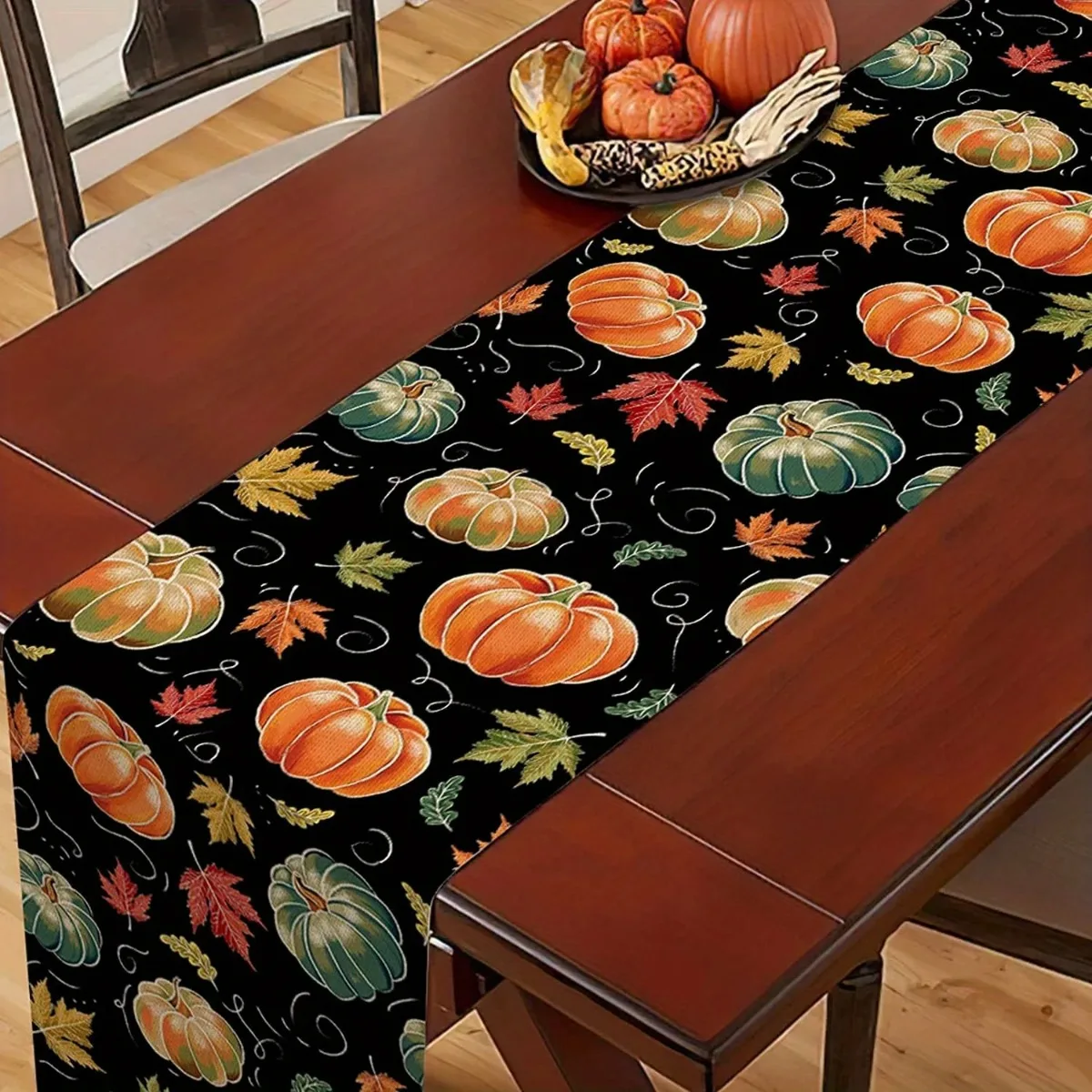 Colorful Pumpkin Pattern Linen Table Runners Autumn Thanksgiving Harvest Teal Maple Leaves Dresser Scarf for Dining Table Decor