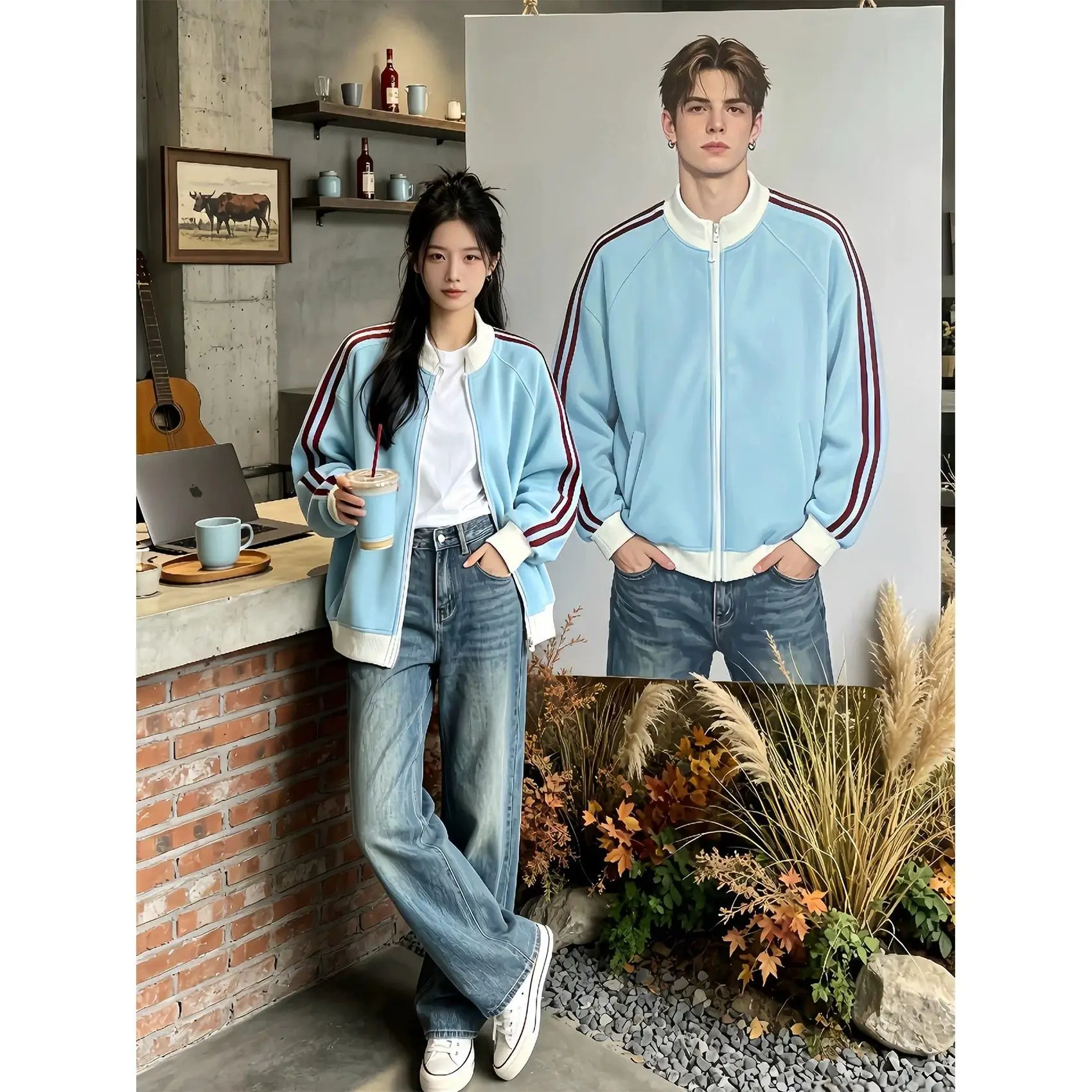 Light Blue Three Stripe Sweatshirt Men's Sporty Contrast Color Collar Jacket Striped Open Cardigan Outerwear for Autumn