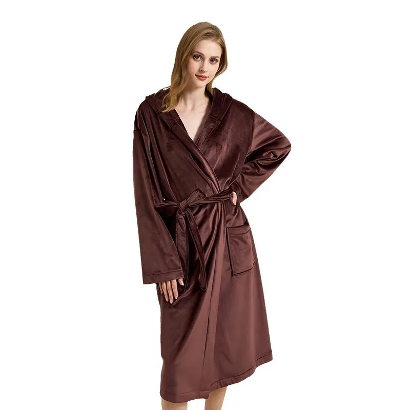 Double-sided Island Velvet Hooded Robe Home Clothes Women's Solid Long Sleeved Bathrobe With Belt Winter New Underwear Home Suit