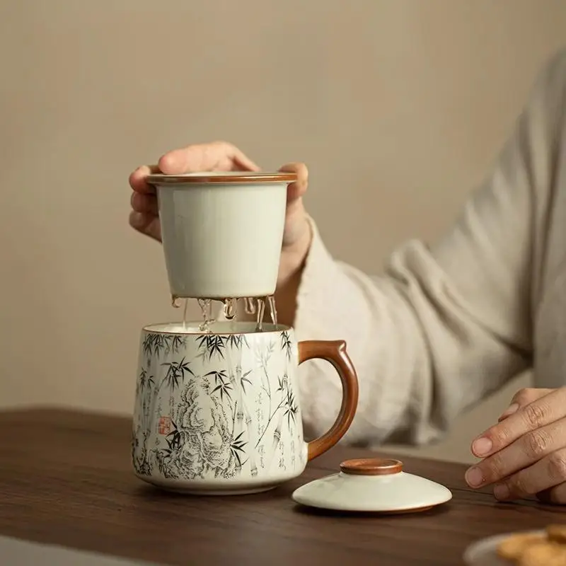 Tasses en céramique de style chinois, tasse à thé créative de bureau personnel à domicile avec couvercle, séparation d'eau de thé filtrée, tasses à thé, 400 ml, 1 pièce