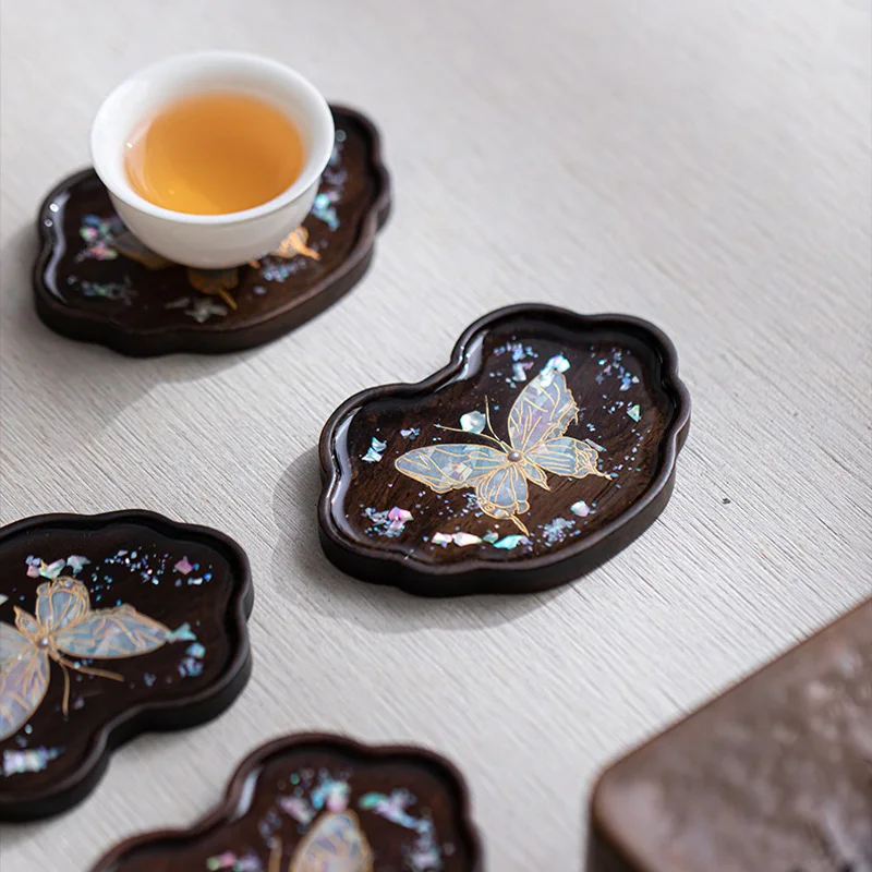 

Black Sandalwood Imitation Mother of Pearl Butterfly Tea Cup Pad Chinese Style Anti Scalding Teapot Mat Cup holder Dessert Tray