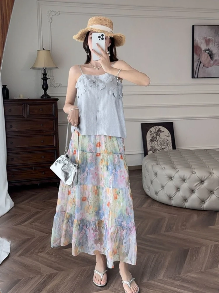Dopamine Summer Skirt Women High Waist A-Line Floral Print Tiered Midi Length Colorful Artistic Design Feminine Stylish