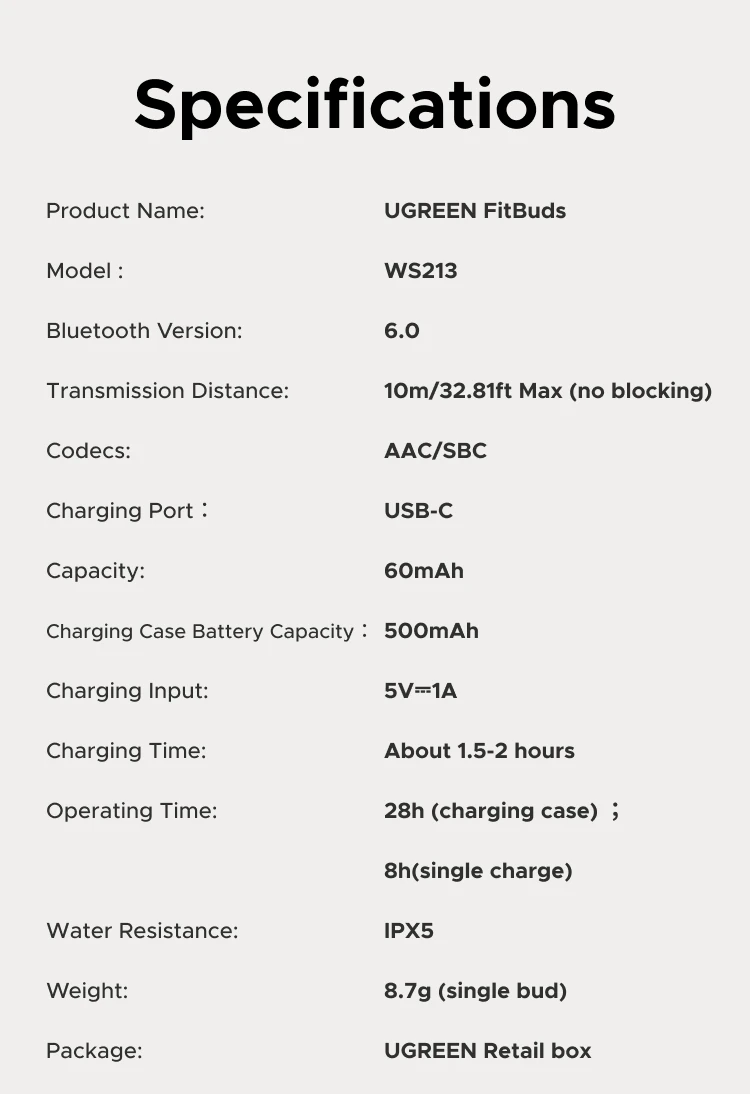UGREEN FitBuds Open-Ear Headphones Earphones, Ear-hook TWS True-Wireless Bluetooth 6.0 Wireless Earbuds, Spatial Audio, 30H Play
