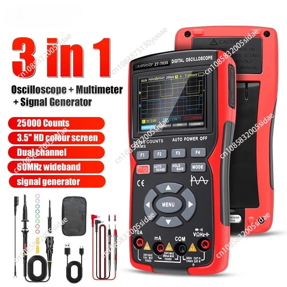 ZT703S 3in1 Digital Multimeter 50MHz Bandwidth 280MS Rate PC Waveform Data Storage Dual Oscilloscope Signal Generator