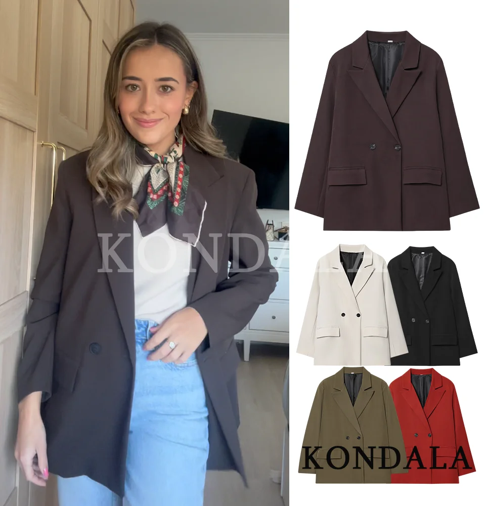 

KONDALA Office Lady Trendy Blazer Lapel Double-breasted Blazer Coat 2026 Spring Fall Fashion Minimalist Commute Versatile Blazer