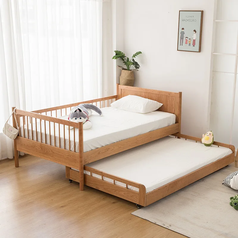 All solid wood high and low bed 1.2m cherry wood children's bed 1.35m double mother and child bed with guardrail boy bunk