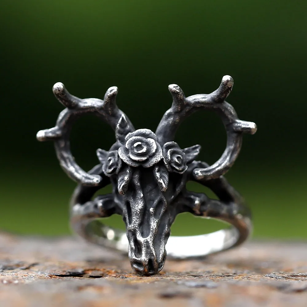 2025 Neues kreatives Design Edelstahl VIKING Gehörnter Hirsch Ring Blumenring Paarring für Frauen Männer Niedlicher Schmuck als Geschenk